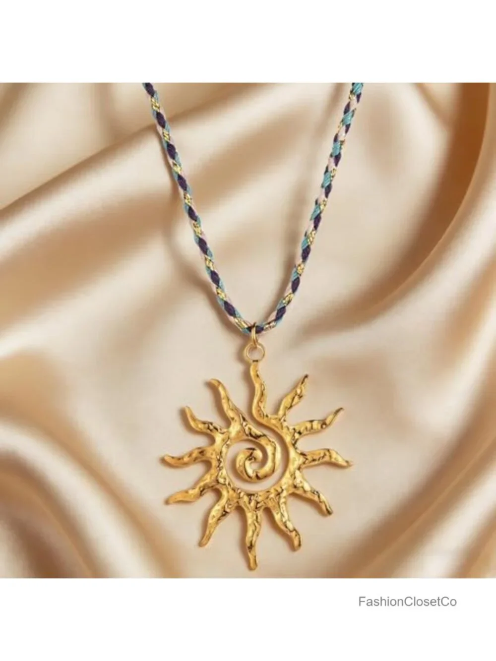 Boho Spiral Sun Pendant Necklace with Black Cord, Adjustable